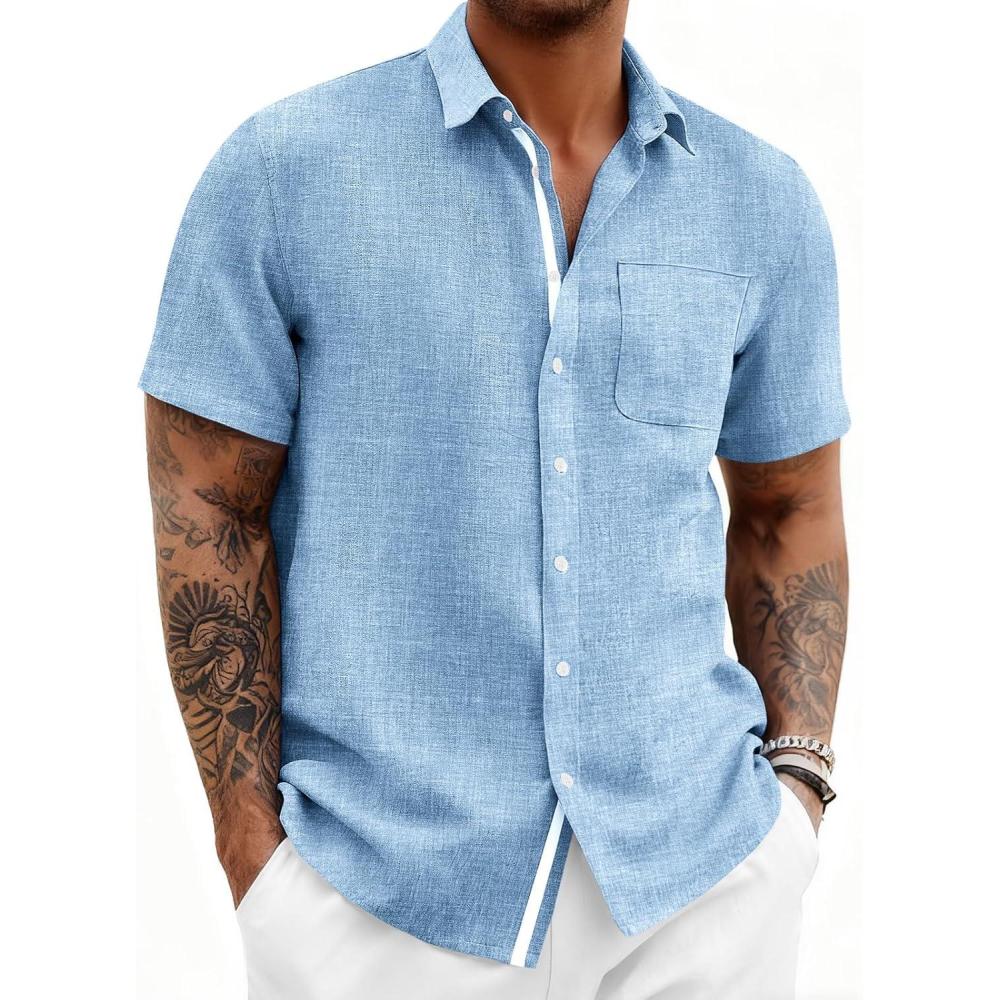 imageRuncati Mens Linen Button Down Shirts Casual Short Sleeve Shirt Summer Beach Wedding Tops with PocketSky Blue