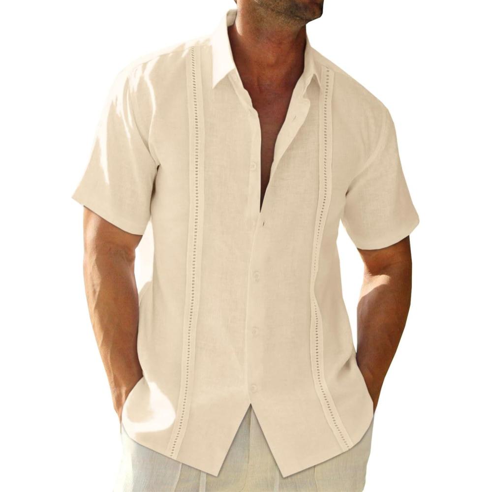 imageRuncati Mens Linen Cuban Guayabera Shirts Button Down Short Sleeve Shirt Cotton Hippie Summer Beach Vacation ShirtsKhaki