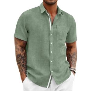 Runcati Mens Linen Button Down Shirts Casual Short Sleeve Shirt Summer Beach Wedding Tops with Pocket(Army Green)