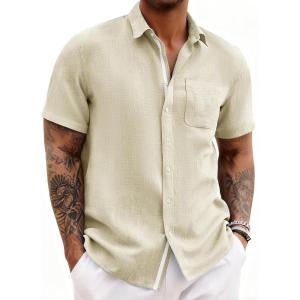Runcati Mens Linen Button Down Shirts Casual Short Sleeve Shirt Summer Beach Wedding Tops with Pocket(Beige)
