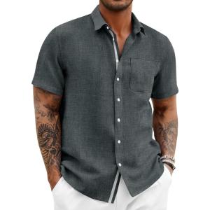 Runcati Mens Linen Button Down Shirts Casual Short Sleeve Shirt Summer Beach Wedding Tops with Pocket(Black)