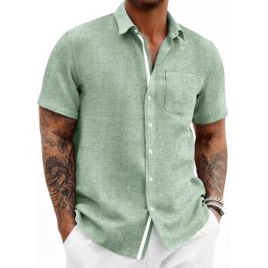 Runcati Mens Linen Button Down Shirts Casual Short Sleeve Shirt Summer Beach Wedding Tops with Pocket(Olive Green)