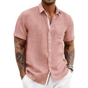 Runcati Mens Linen Button Down Shirts Casual Short Sleeve Shirt Summer Beach Wedding Tops with Pocket(Pink)