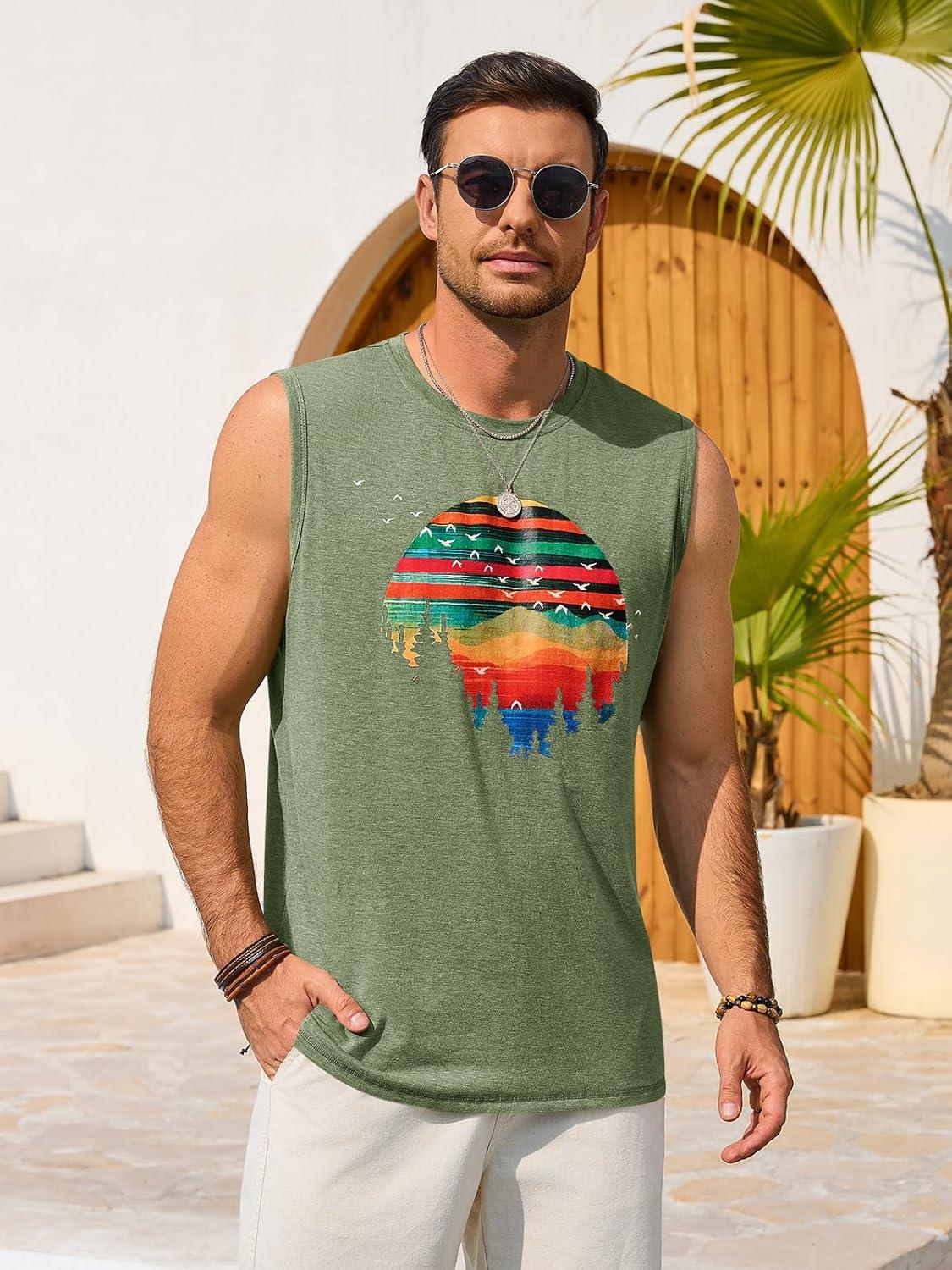 imageRuncati Mens Casual Tank Tops Graphic Printed Workout Muscle Sleeveless Shirt Crewneck Summer Beach Hawaiian Vintage T ShirtsArmy Green