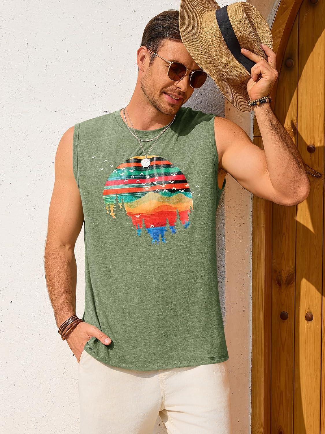 imageRuncati Mens Casual Tank Tops Graphic Printed Workout Muscle Sleeveless Shirt Crewneck Summer Beach Hawaiian Vintage T ShirtsArmy Green