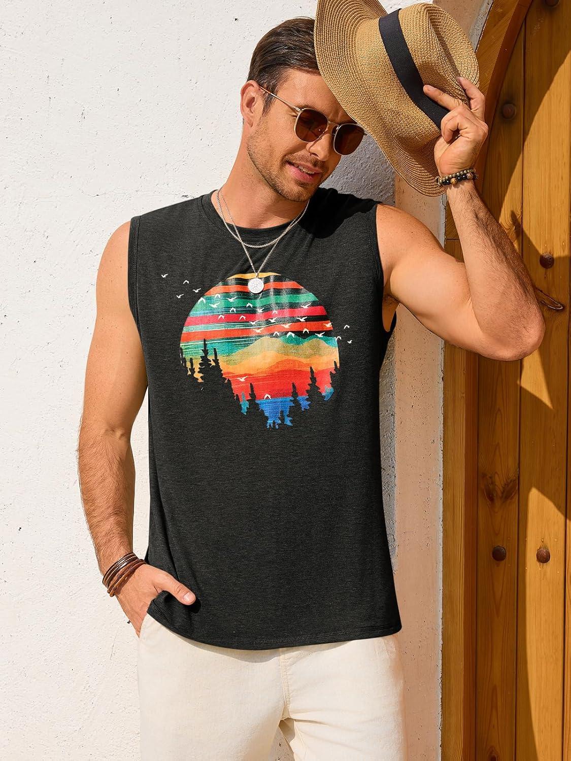 imageRuncati Mens Casual Tank Tops Graphic Printed Workout Muscle Sleeveless Shirt Crewneck Summer Beach Hawaiian Vintage T ShirtsBlack