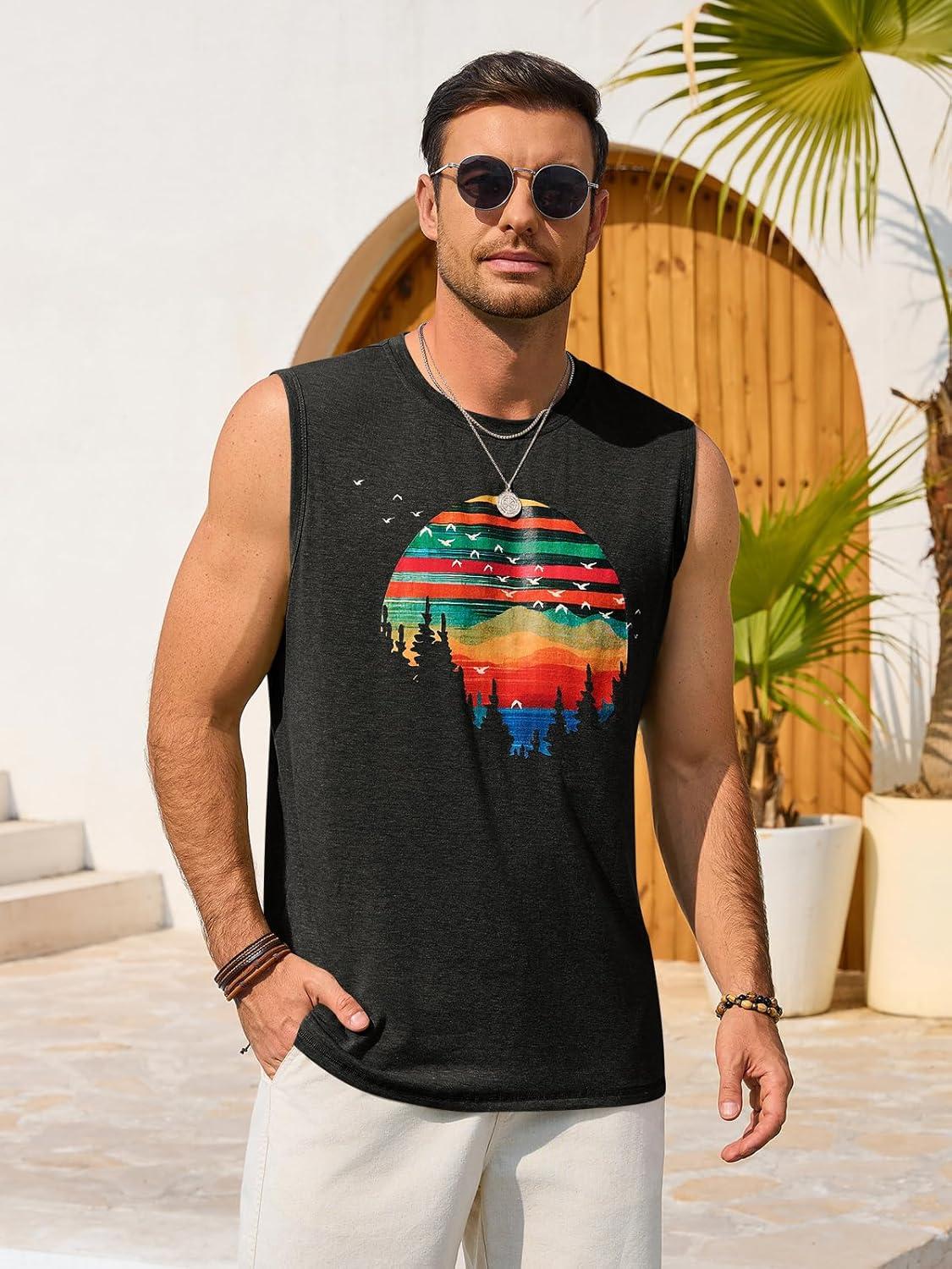 imageRuncati Mens Casual Tank Tops Graphic Printed Workout Muscle Sleeveless Shirt Crewneck Summer Beach Hawaiian Vintage T ShirtsBlack