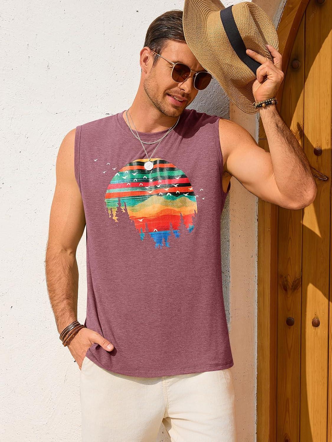 imageRuncati Mens Casual Tank Tops Graphic Printed Workout Muscle Sleeveless Shirt Crewneck Summer Beach Hawaiian Vintage T ShirtsBurgundy