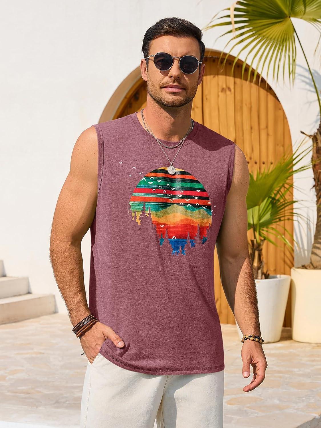 imageRuncati Mens Casual Tank Tops Graphic Printed Workout Muscle Sleeveless Shirt Crewneck Summer Beach Hawaiian Vintage T ShirtsBurgundy