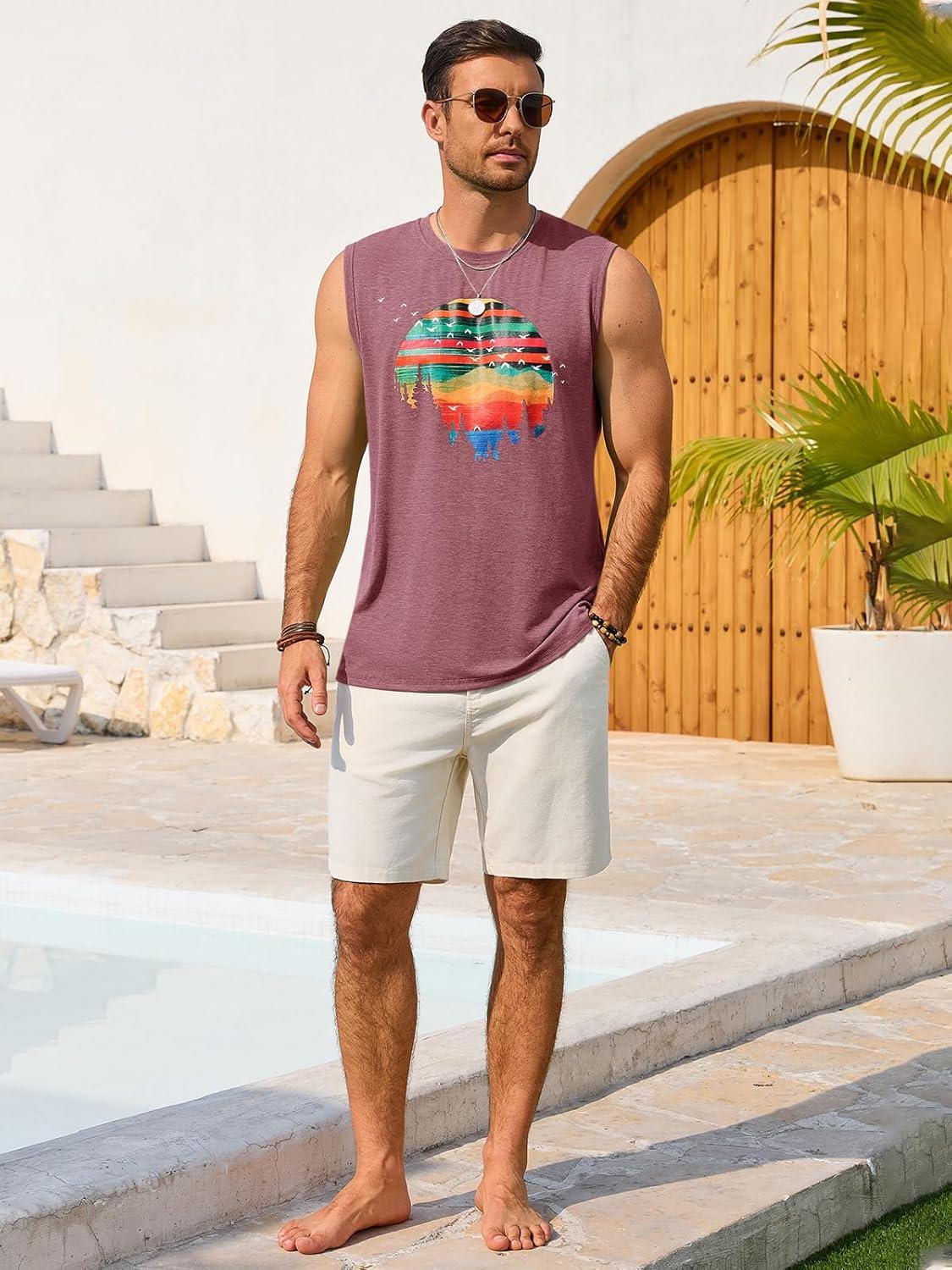 imageRuncati Mens Casual Tank Tops Graphic Printed Workout Muscle Sleeveless Shirt Crewneck Summer Beach Hawaiian Vintage T ShirtsBurgundy