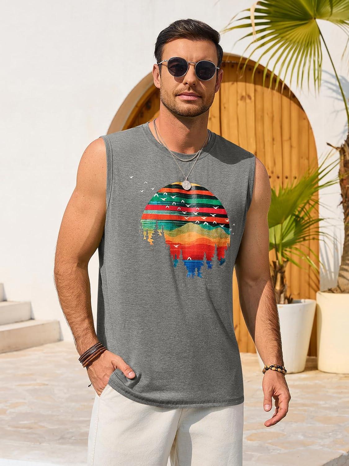 imageRuncati Mens Casual Tank Tops Graphic Printed Workout Muscle Sleeveless Shirt Crewneck Summer Beach Hawaiian Vintage T ShirtsGrey