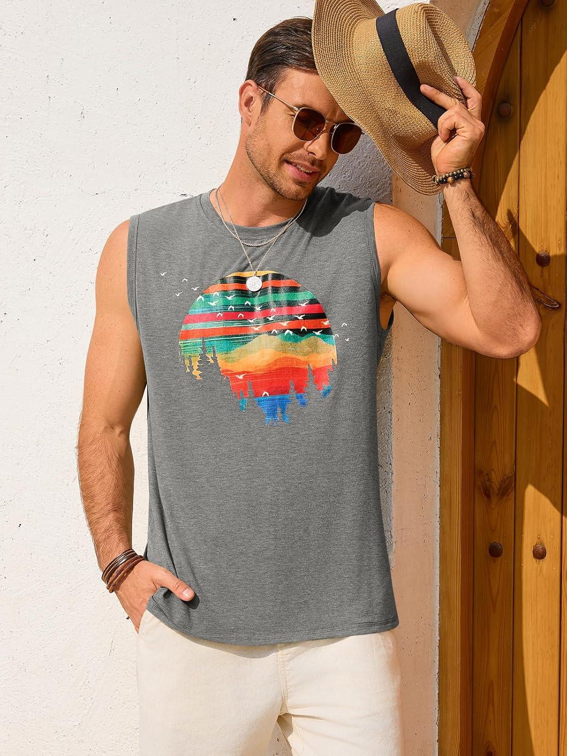 imageRuncati Mens Casual Tank Tops Graphic Printed Workout Muscle Sleeveless Shirt Crewneck Summer Beach Hawaiian Vintage T ShirtsGrey