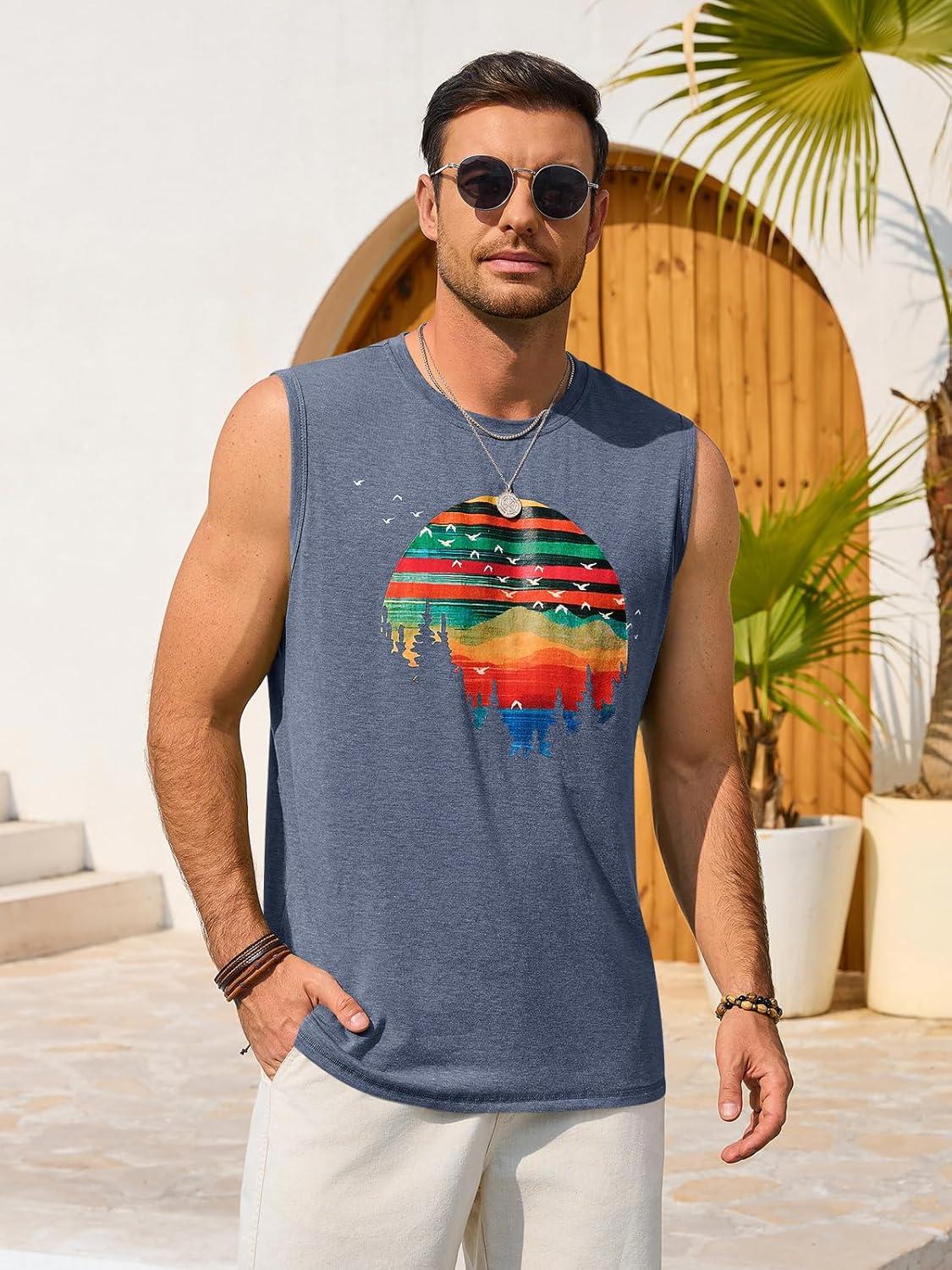 imageRuncati Mens Casual Tank Tops Graphic Printed Workout Muscle Sleeveless Shirt Crewneck Summer Beach Hawaiian Vintage T ShirtsNavy