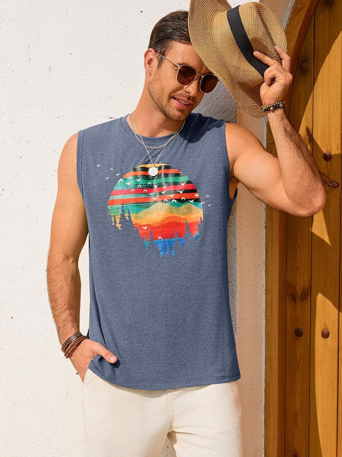 imageRuncati Mens Casual Tank Tops Graphic Printed Workout Muscle Sleeveless Shirt Crewneck Summer Beach Hawaiian Vintage T ShirtsNavy