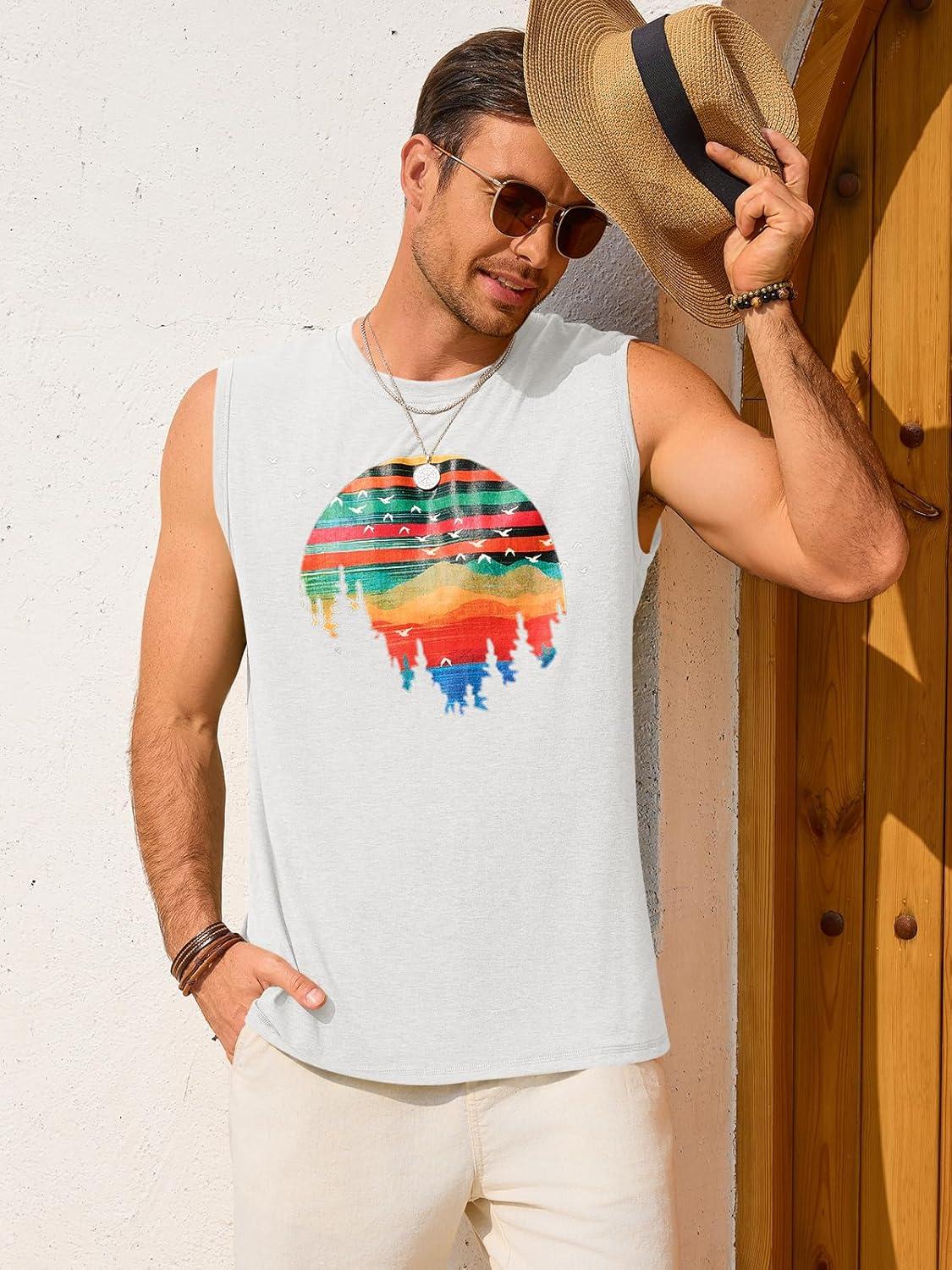 imageRuncati Mens Casual Tank Tops Graphic Printed Workout Muscle Sleeveless Shirt Crewneck Summer Beach Hawaiian Vintage T ShirtsWhite