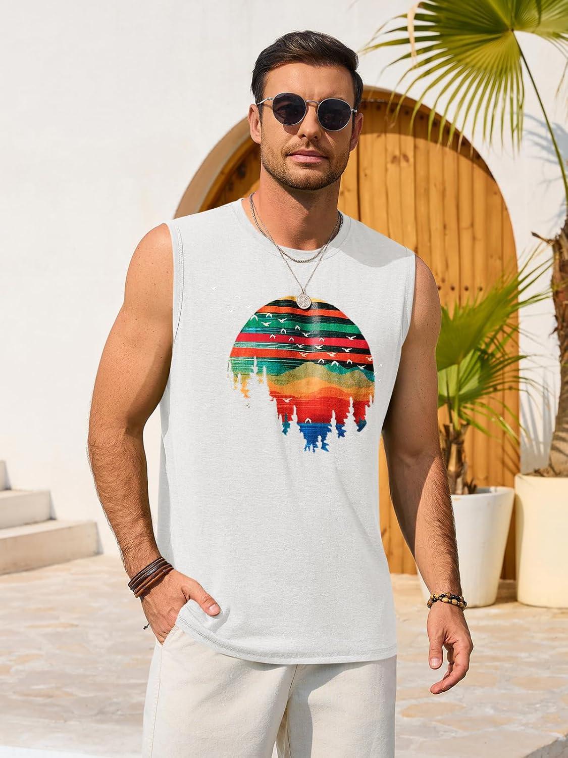 imageRuncati Mens Casual Tank Tops Graphic Printed Workout Muscle Sleeveless Shirt Crewneck Summer Beach Hawaiian Vintage T ShirtsWhite