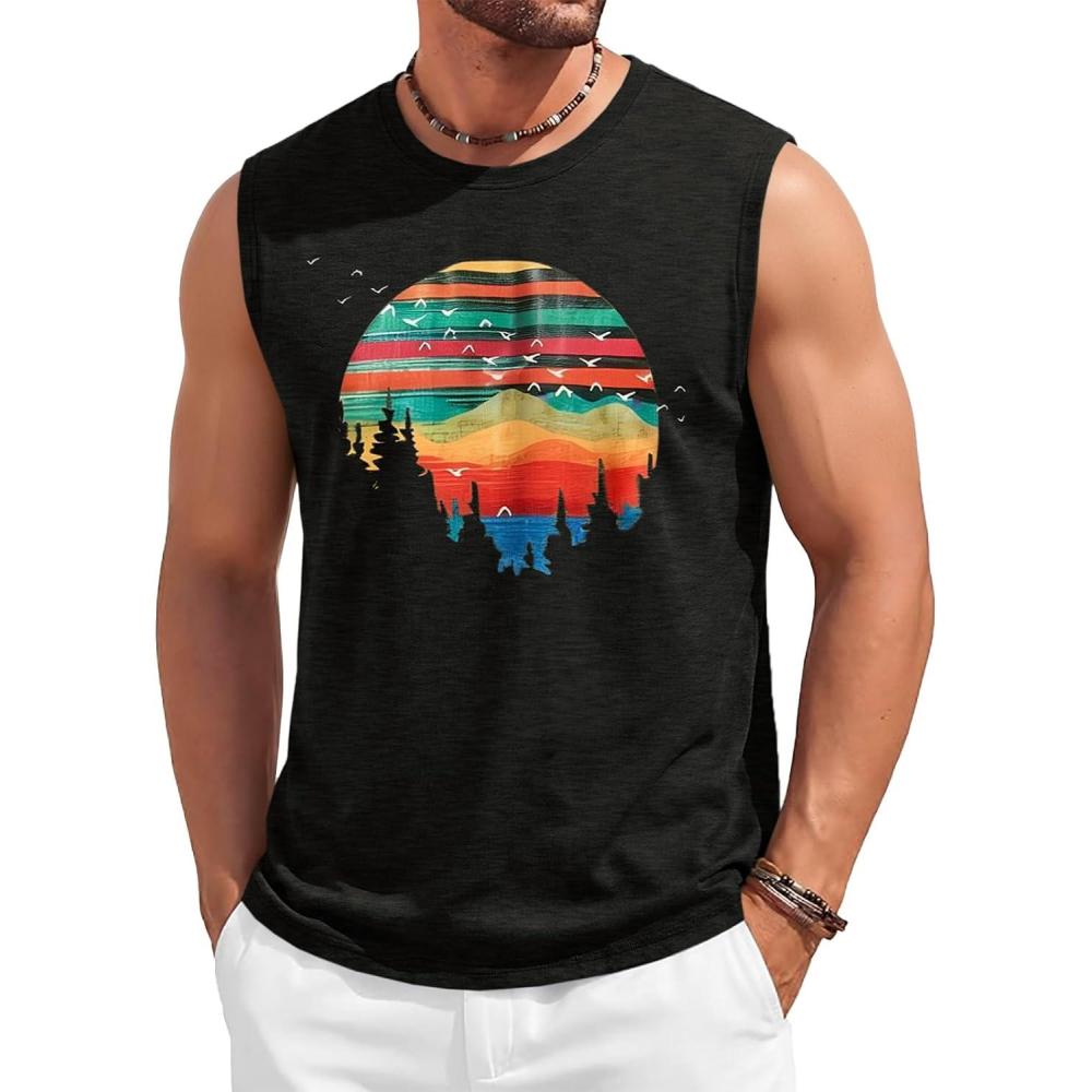 imageRuncati Mens Casual Tank Tops Graphic Printed Workout Muscle Sleeveless Shirt Crewneck Summer Beach Hawaiian Vintage T ShirtsBlack