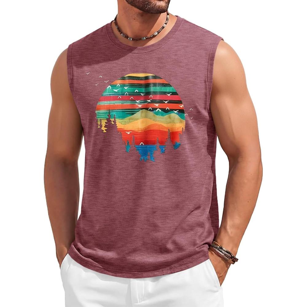 imageRuncati Mens Casual Tank Tops Graphic Printed Workout Muscle Sleeveless Shirt Crewneck Summer Beach Hawaiian Vintage T ShirtsBurgundy