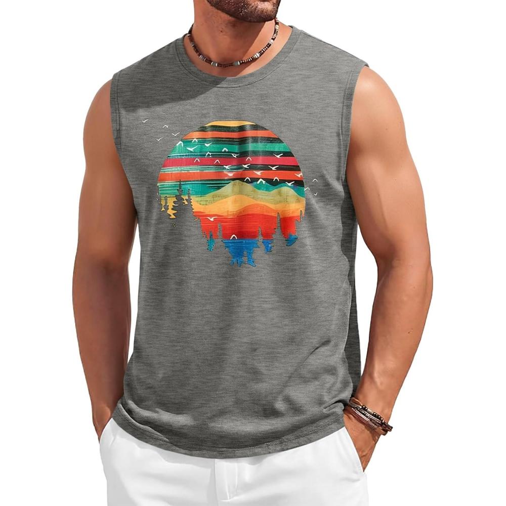 imageRuncati Mens Casual Tank Tops Graphic Printed Workout Muscle Sleeveless Shirt Crewneck Summer Beach Hawaiian Vintage T ShirtsGrey