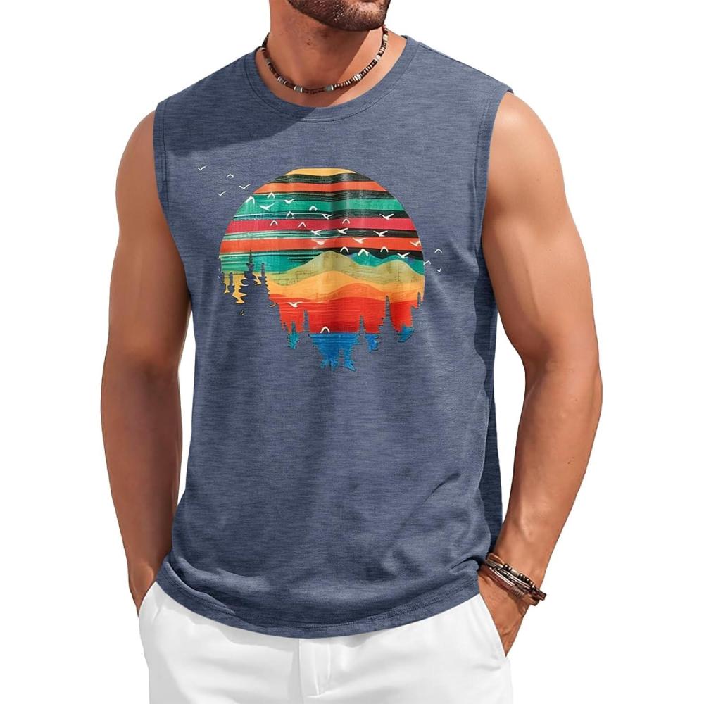 imageRuncati Mens Casual Tank Tops Graphic Printed Workout Muscle Sleeveless Shirt Crewneck Summer Beach Hawaiian Vintage T ShirtsNavy