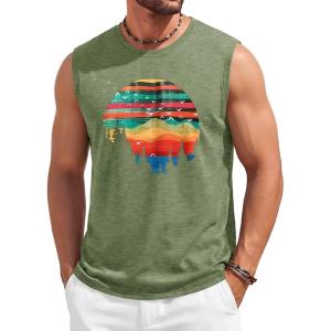 Runcati Mens Casual Tank Tops Graphic Printed Workout Muscle Sleeveless Shirt Crewneck Summer Beach Hawaiian Vintage T Shirts(Army Green)