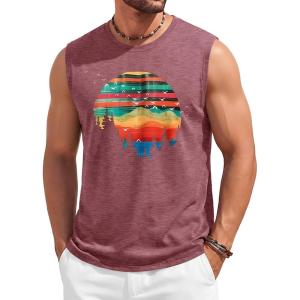 Runcati Mens Casual Tank Tops Graphic Printed Workout Muscle Sleeveless Shirt Crewneck Summer Beach Hawaiian Vintage T Shirts(Burgundy)