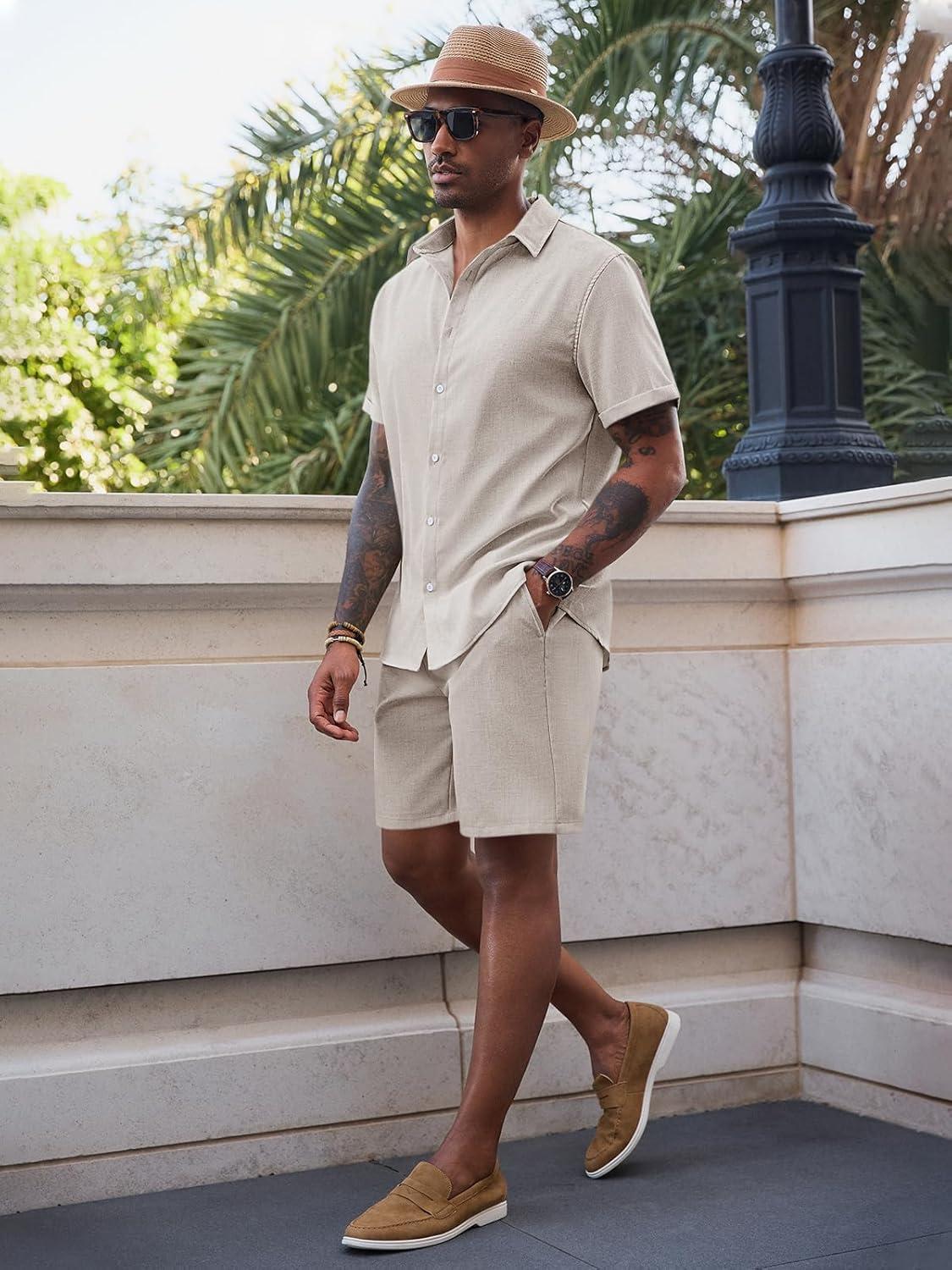 imageRuncati Mens Short Sleeve 2 Piece Sets Button Down Casual Summer Beach Vacation Linen Shirt and Shorts OutfitApricot