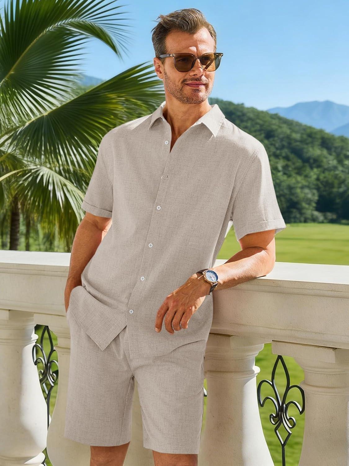 imageRuncati Mens Short Sleeve 2 Piece Sets Button Down Casual Summer Beach Vacation Linen Shirt and Shorts OutfitApricot