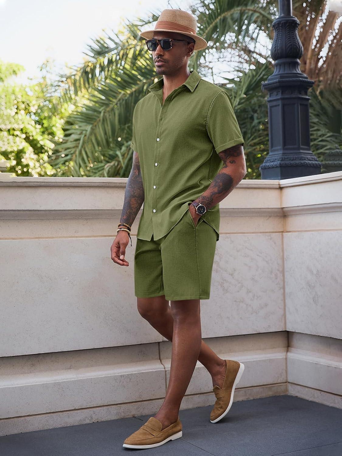 imageRuncati Mens Short Sleeve 2 Piece Sets Button Down Casual Summer Beach Vacation Linen Shirt and Shorts OutfitArmy Green