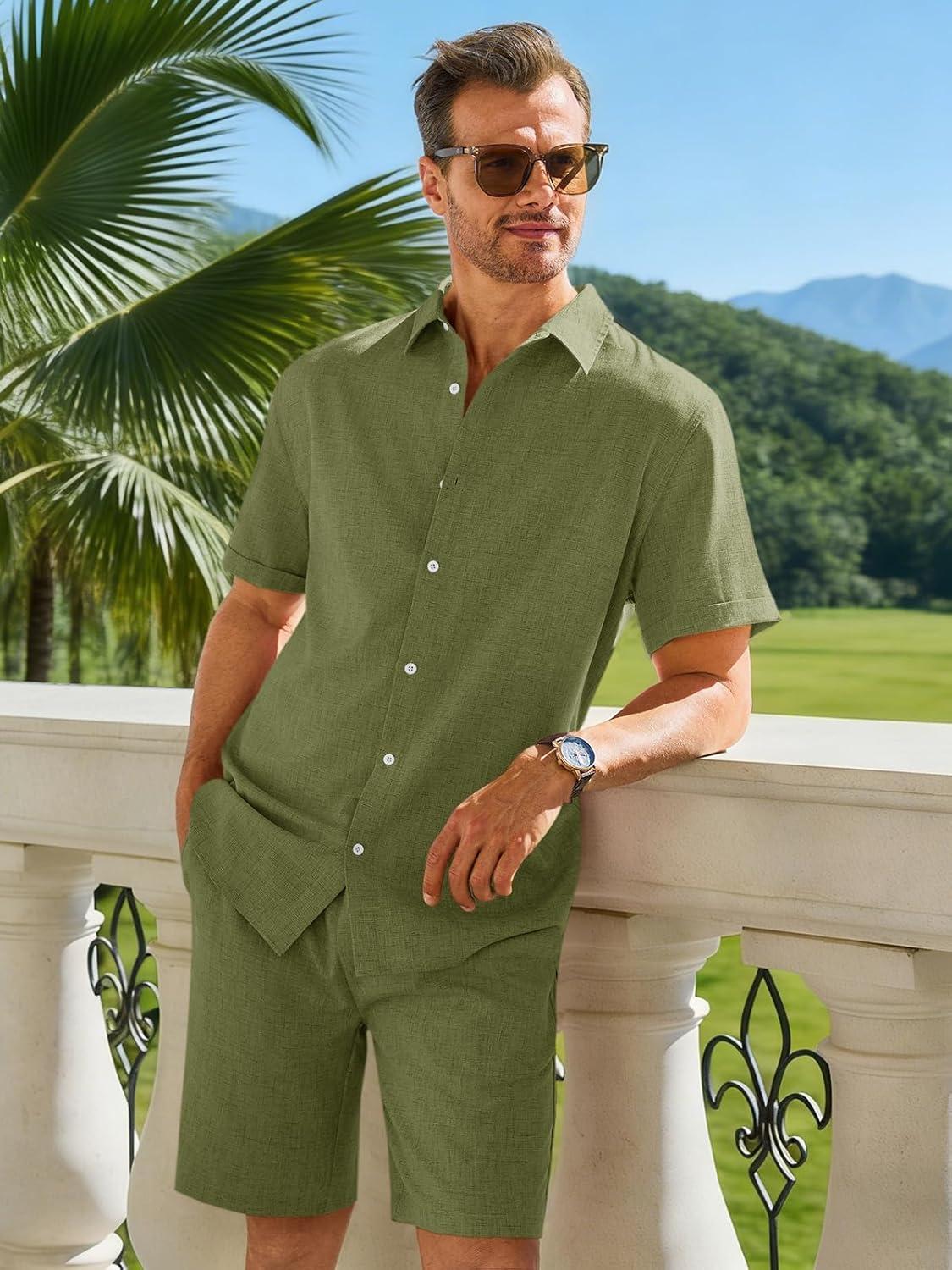 imageRuncati Mens Short Sleeve 2 Piece Sets Button Down Casual Summer Beach Vacation Linen Shirt and Shorts OutfitArmy Green