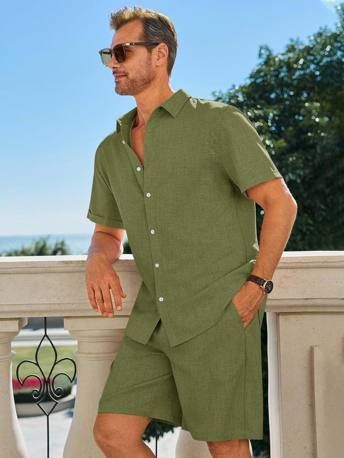 imageRuncati Mens Short Sleeve 2 Piece Sets Button Down Casual Summer Beach Vacation Linen Shirt and Shorts OutfitArmy Green