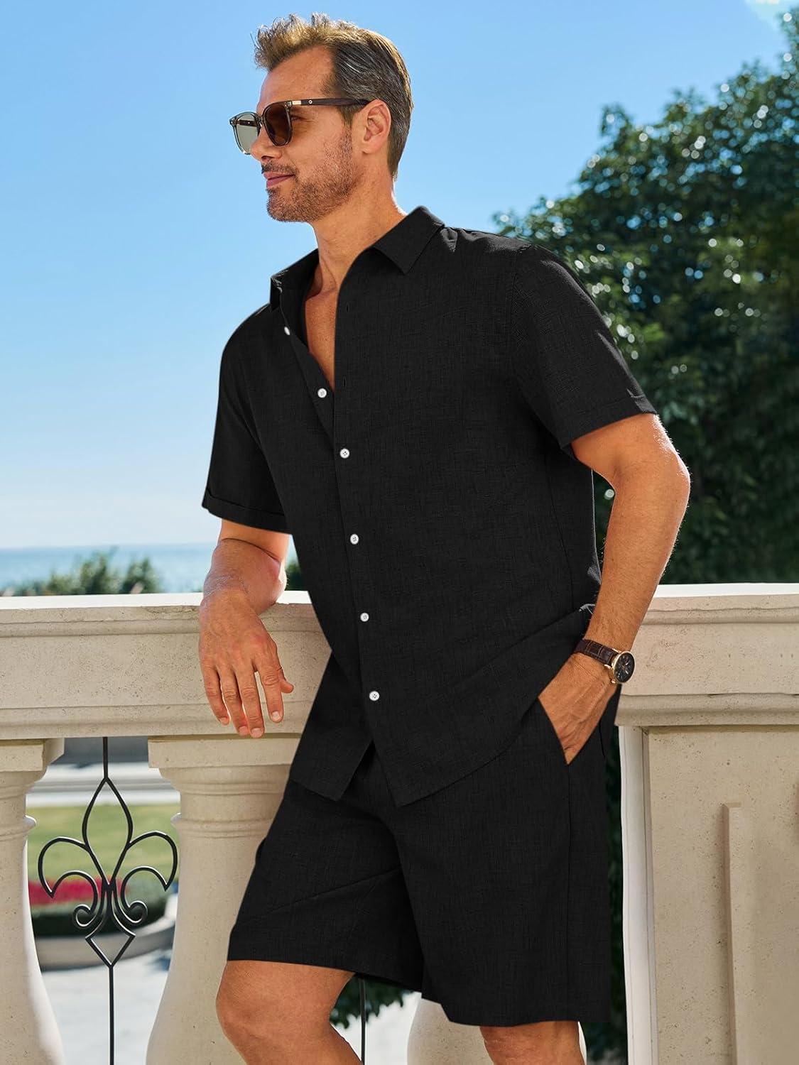 imageRuncati Mens Short Sleeve 2 Piece Sets Button Down Casual Summer Beach Vacation Linen Shirt and Shorts OutfitBlack