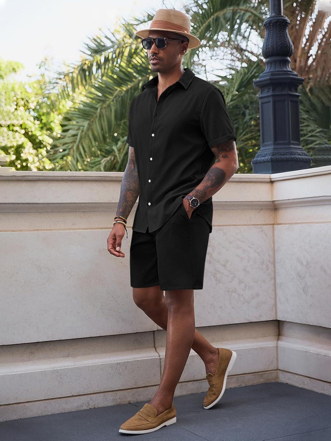 imageRuncati Mens Short Sleeve 2 Piece Sets Button Down Casual Summer Beach Vacation Linen Shirt and Shorts OutfitBlack