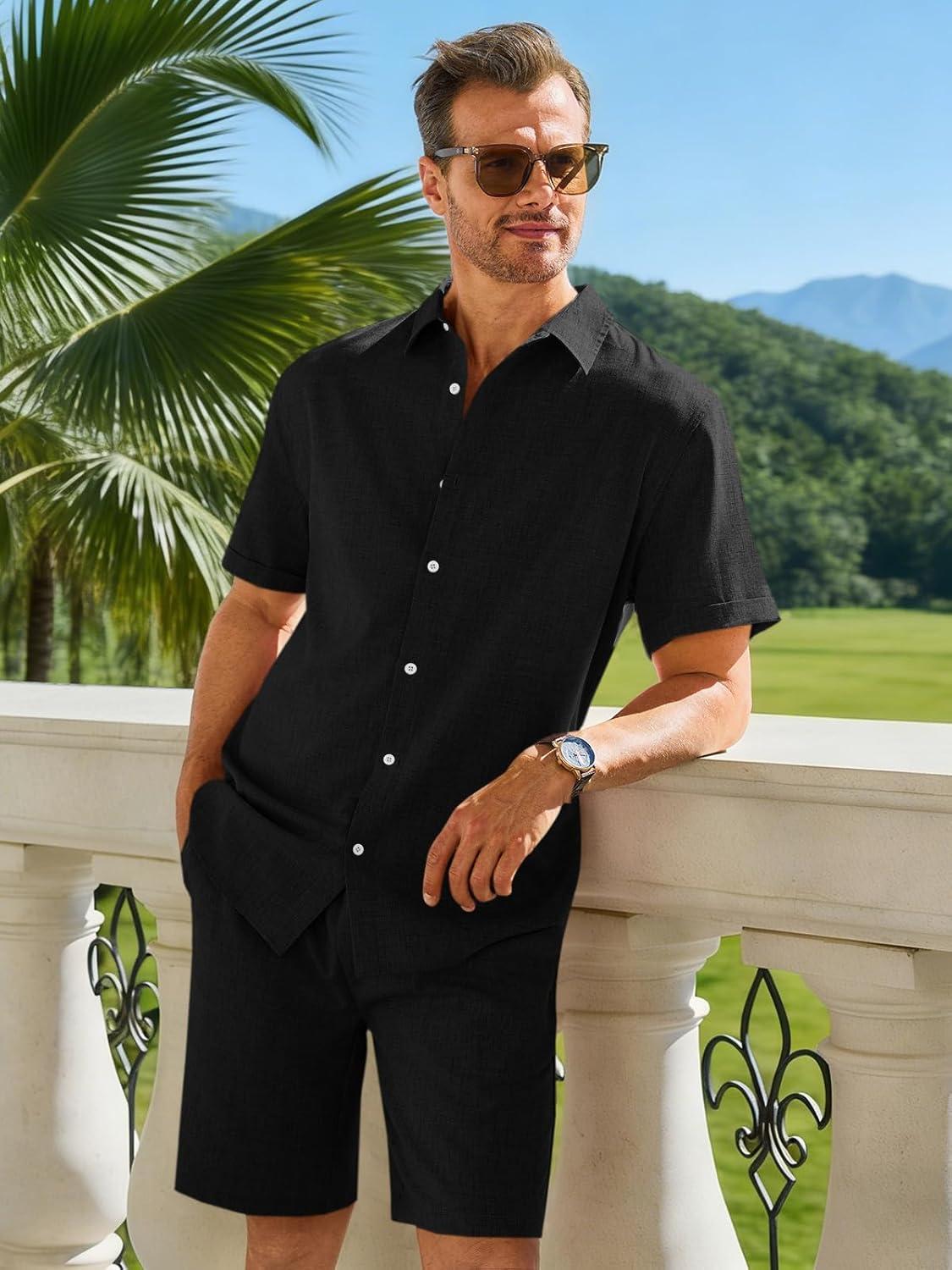 imageRuncati Mens Short Sleeve 2 Piece Sets Button Down Casual Summer Beach Vacation Linen Shirt and Shorts OutfitBlack