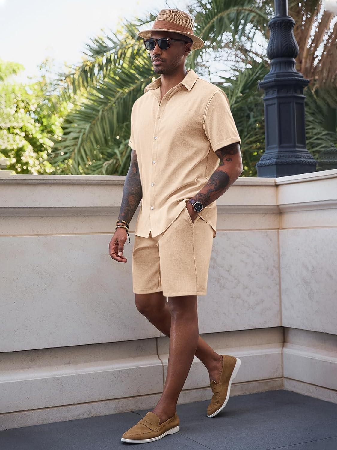imageRuncati Mens Short Sleeve 2 Piece Sets Button Down Casual Summer Beach Vacation Linen Shirt and Shorts OutfitLight Khaki