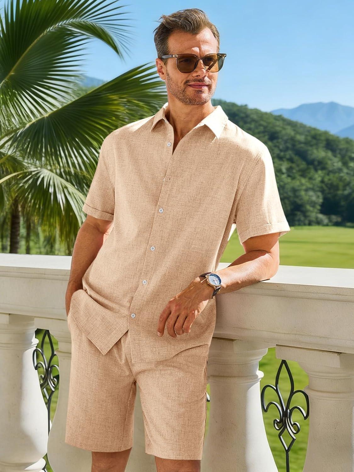 imageRuncati Mens Short Sleeve 2 Piece Sets Button Down Casual Summer Beach Vacation Linen Shirt and Shorts OutfitLight Khaki