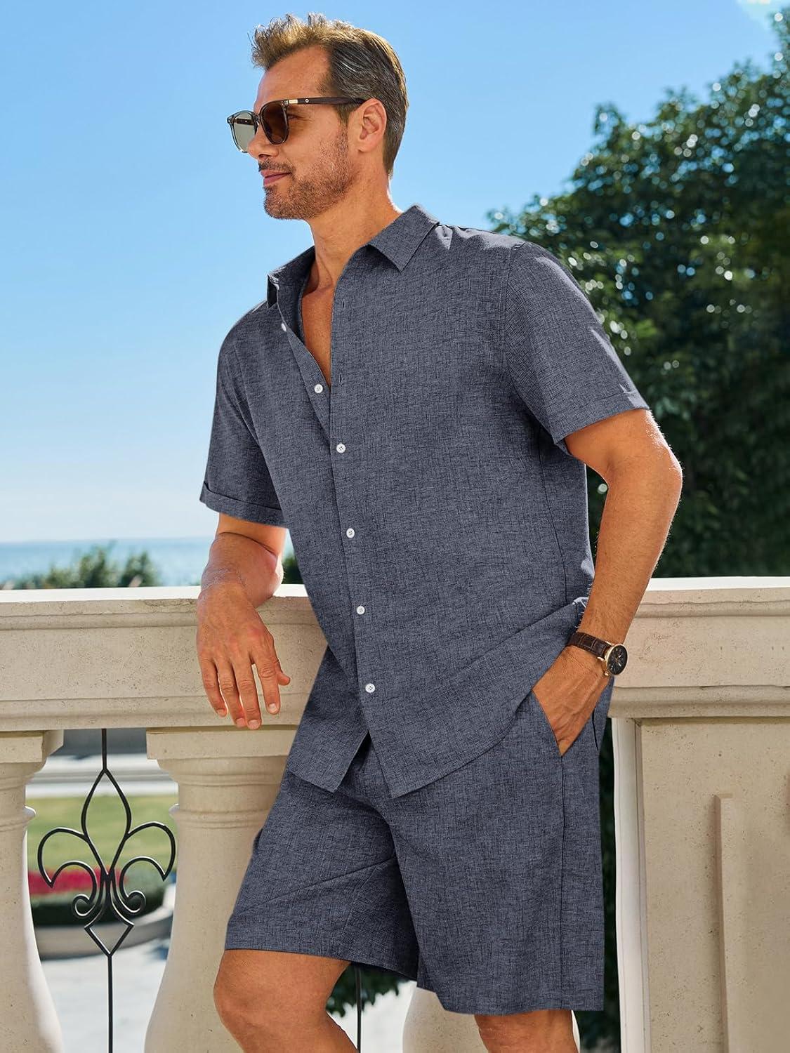 imageRuncati Mens Short Sleeve 2 Piece Sets Button Down Casual Summer Beach Vacation Linen Shirt and Shorts OutfitNavy