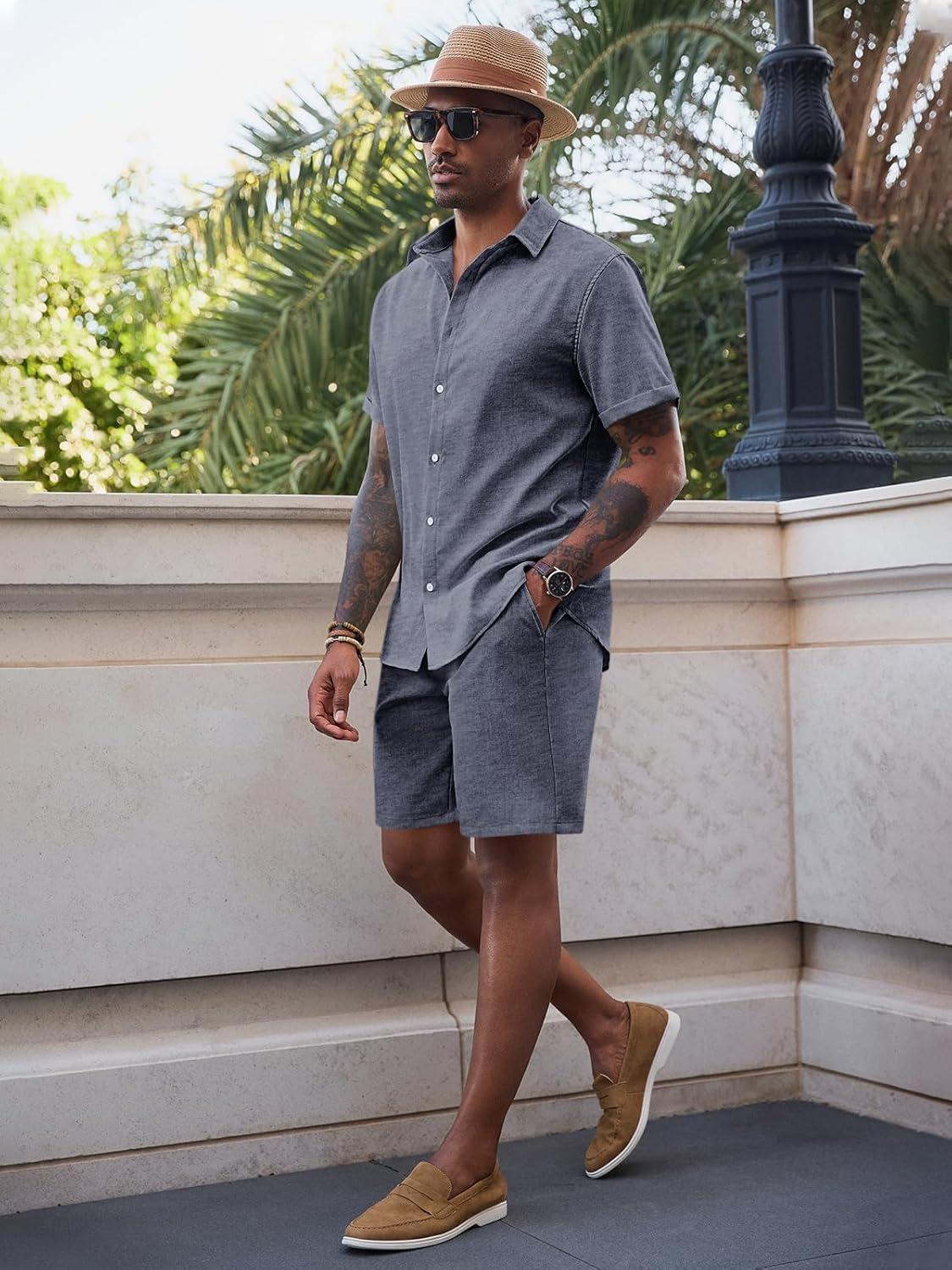 imageRuncati Mens Short Sleeve 2 Piece Sets Button Down Casual Summer Beach Vacation Linen Shirt and Shorts OutfitNavy