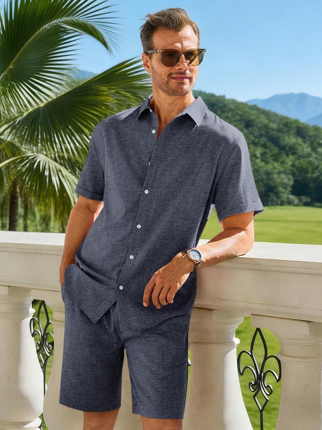 imageRuncati Mens Short Sleeve 2 Piece Sets Button Down Casual Summer Beach Vacation Linen Shirt and Shorts OutfitNavy