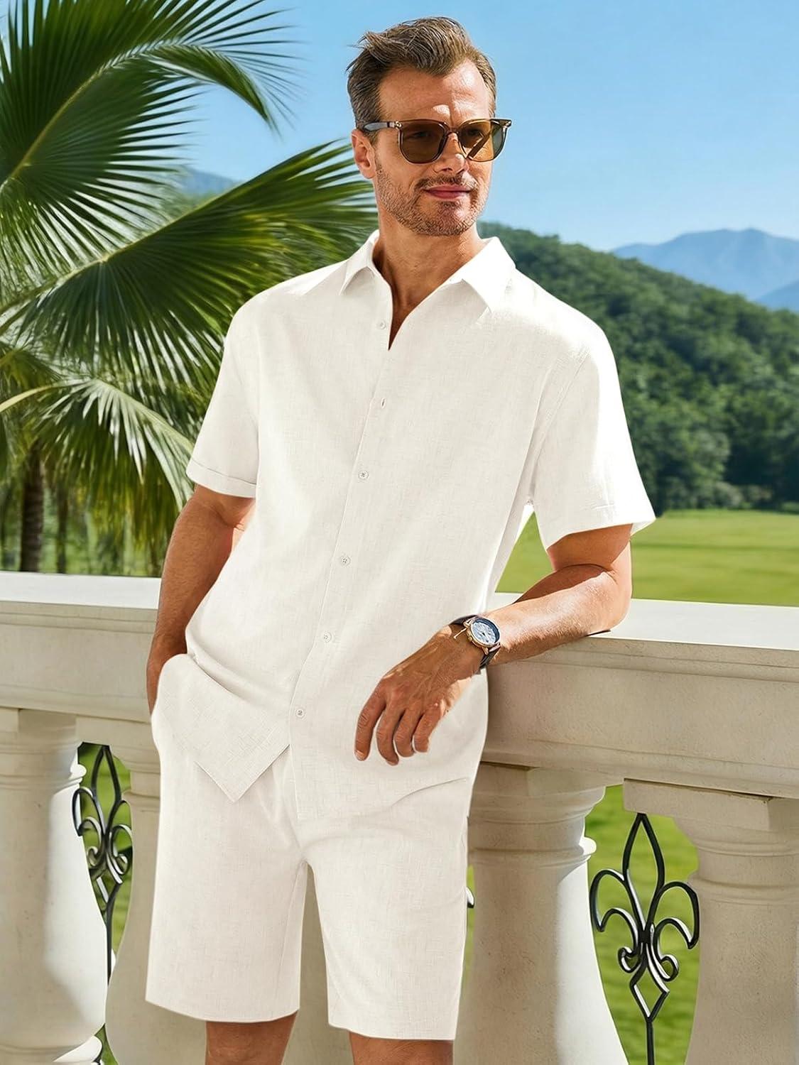 imageRuncati Mens Short Sleeve 2 Piece Sets Button Down Casual Summer Beach Vacation Linen Shirt and Shorts OutfitWhite