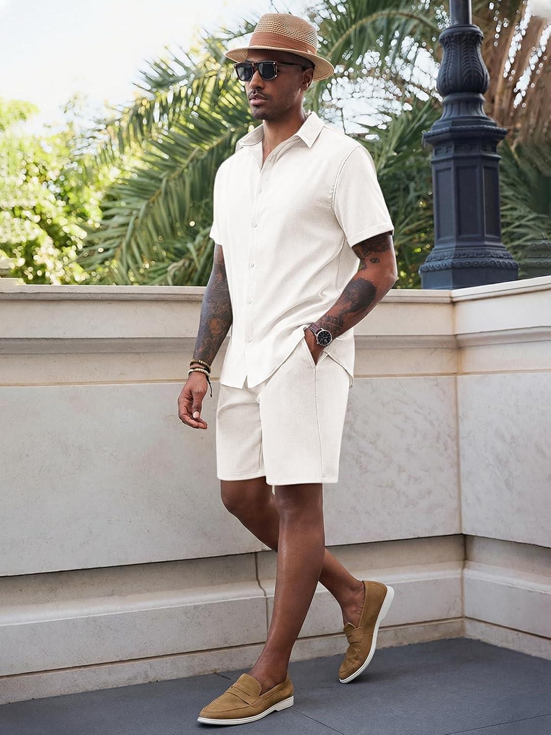 imageRuncati Mens Short Sleeve 2 Piece Sets Button Down Casual Summer Beach Vacation Linen Shirt and Shorts OutfitWhite