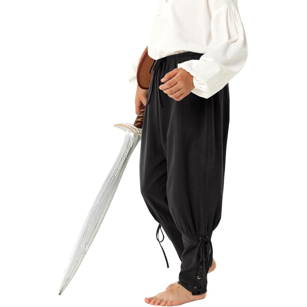 imageBoys Kids Medieval Ankle Pants Renaissance Viking Pirate Costume Lace Up Tapered Banded Gothic TrousersBlack