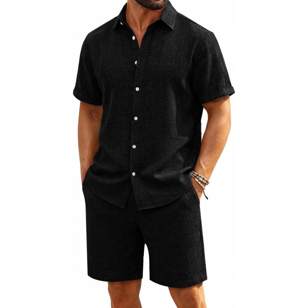 imageRuncati Mens Short Sleeve 2 Piece Sets Button Down Casual Summer Beach Vacation Linen Shirt and Shorts OutfitBlack