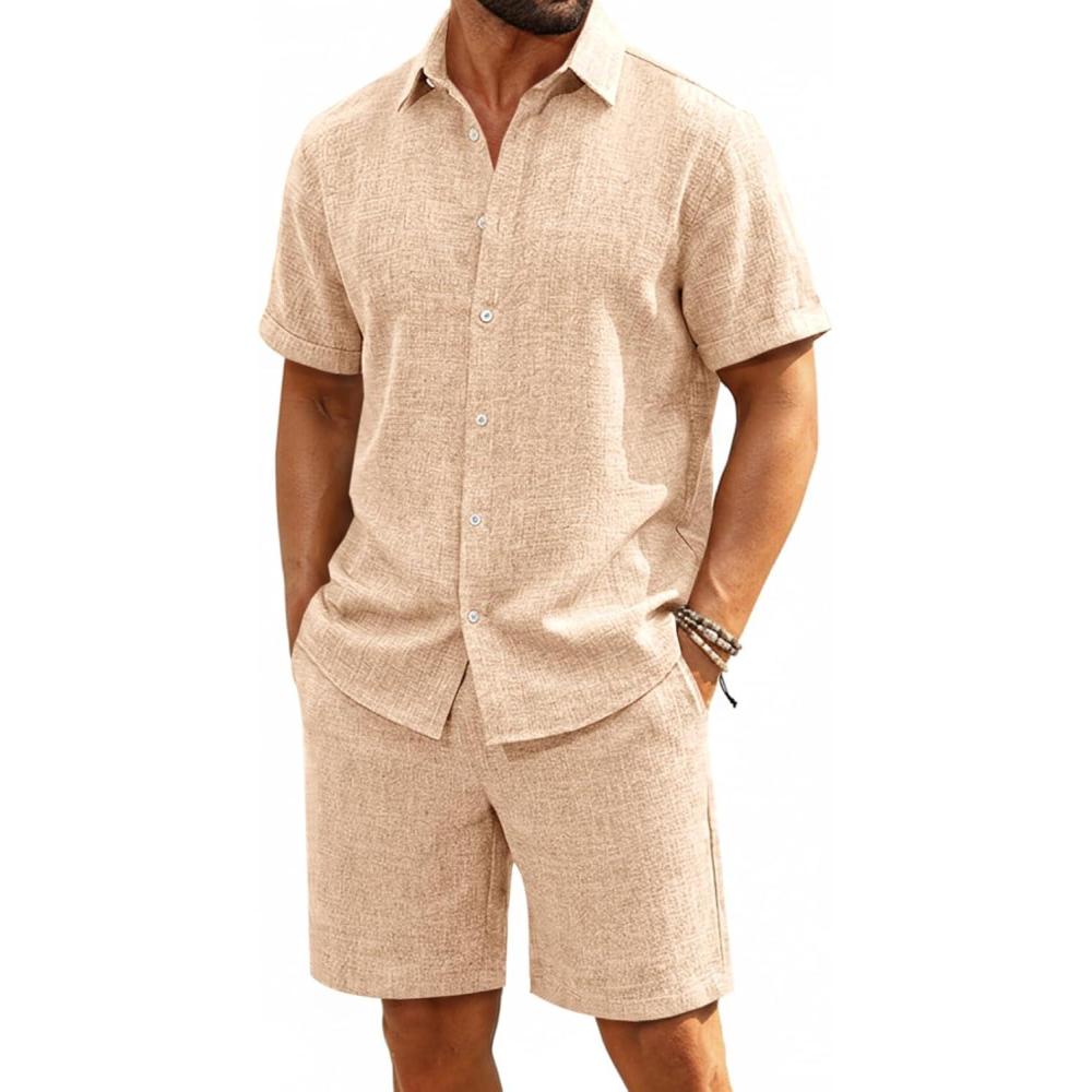 imageRuncati Mens Short Sleeve 2 Piece Sets Button Down Casual Summer Beach Vacation Linen Shirt and Shorts OutfitLight Khaki