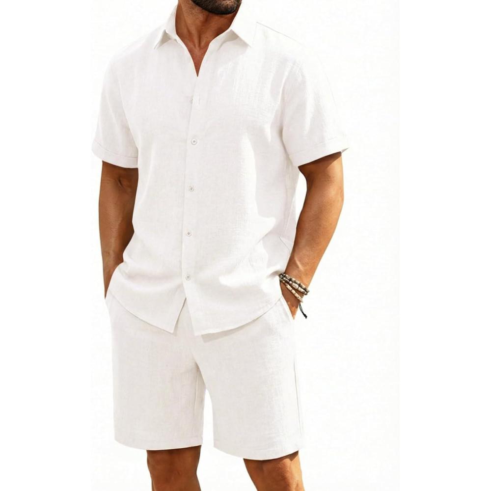 imageRuncati Mens Short Sleeve 2 Piece Sets Button Down Casual Summer Beach Vacation Linen Shirt and Shorts OutfitWhite