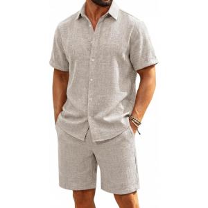 Runcati Mens Short Sleeve 2 Piece Sets Button Down Casual Summer Beach Vacation Linen Shirt and Shorts Outfit(Apricot)