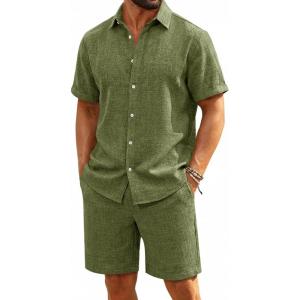 Runcati Mens Short Sleeve 2 Piece Sets Button Down Casual Summer Beach Vacation Linen Shirt and Shorts Outfit(Army Green)