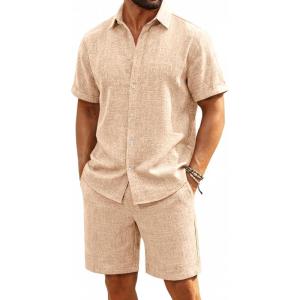 Runcati Mens Short Sleeve 2 Piece Sets Button Down Casual Summer Beach Vacation Linen Shirt and Shorts Outfit(Light Khaki)