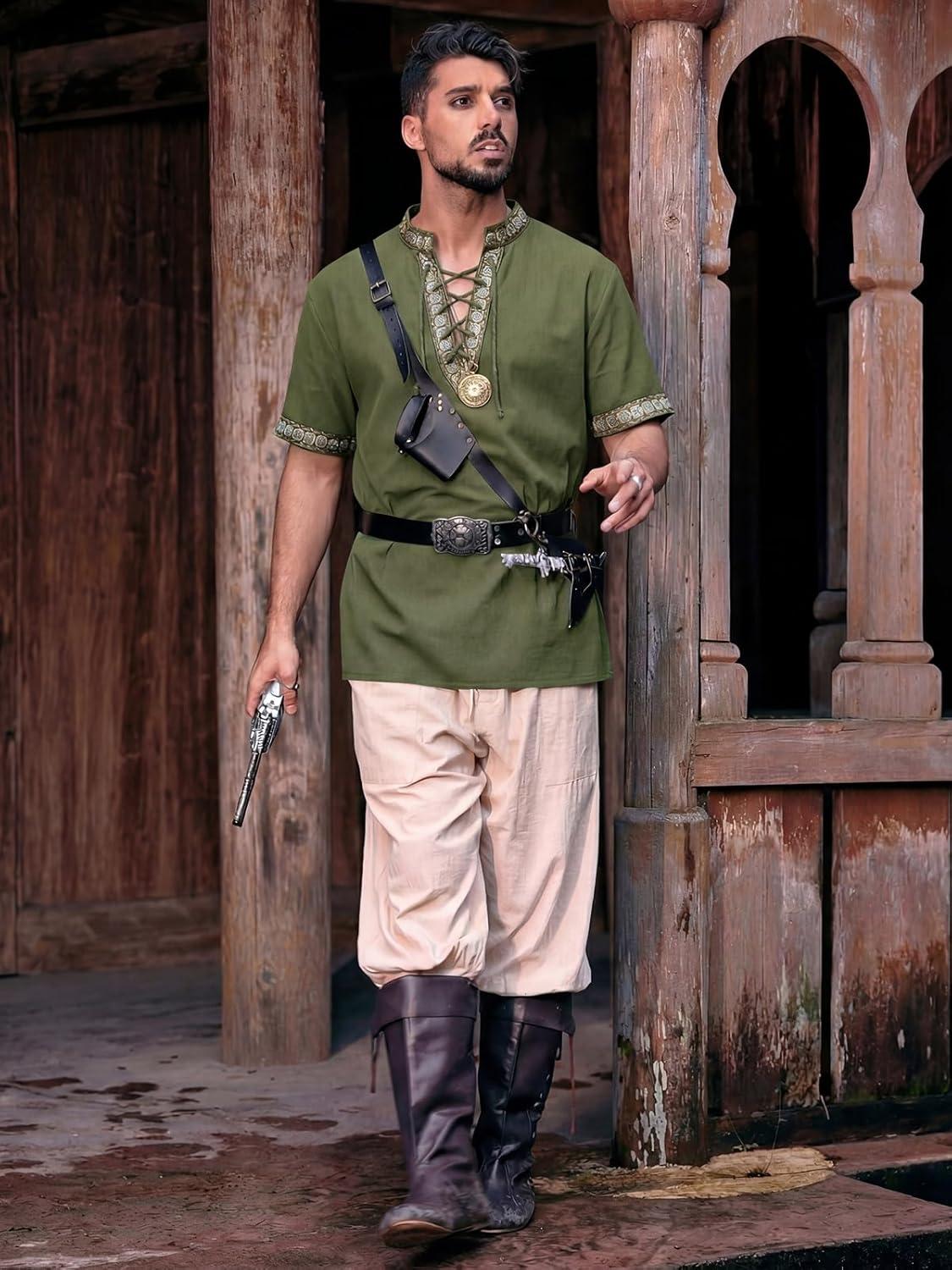 imageRuncati Mens Medieval Pirate Shirt Cotton Lace Up Renaissance Shirts Viking Retro Scottish Halloween Costume TopsArmy Green
