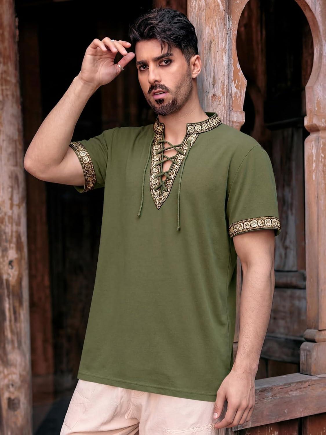 imageRuncati Mens Medieval Pirate Shirt Cotton Lace Up Renaissance Shirts Viking Retro Scottish Halloween Costume TopsArmy Green